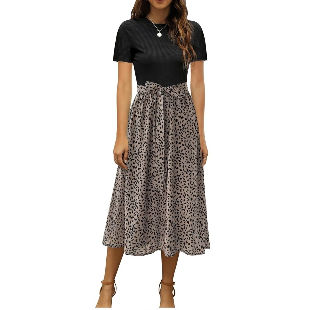 Zattcas Midi Dress Large Black Leopard Ribbed Empire Waist Office Work Pockets